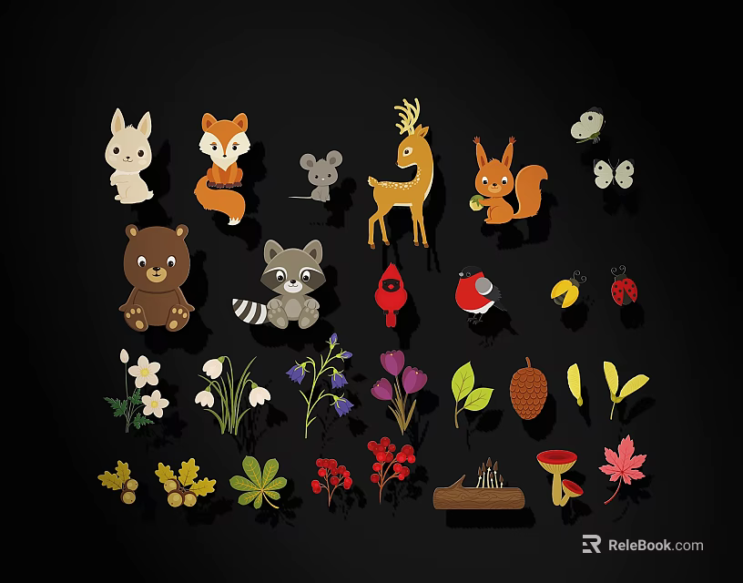 Cute Animal And Plant Themed Wall Decor With Various Forest Elements 3d model