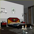 Kids Bedroom Superman Logo Headboard Bed With Red Yellow Black Design And Cartoon Wall Art