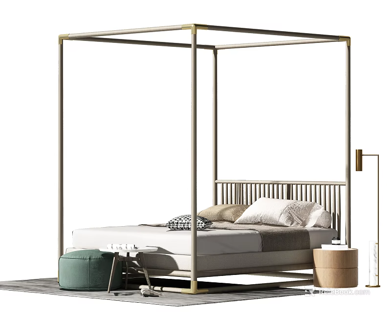 Double Bed With Gold Canopy Frame Pillows Green Stool Small Round Table And Floor Lamp 3d model 