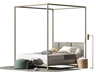 Double Bed With Gold Canopy Frame Pillows Green Stool Small Round Table And Floor Lamp 3d model