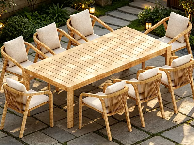 Outdoor Wooden Dining Set With Rattan Chairs White Cushions Garden Plants And Stone Pavement 3d model