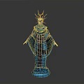 A Woman In Blue Robe With Golden Sunburst Headdress And Classical Statue Design