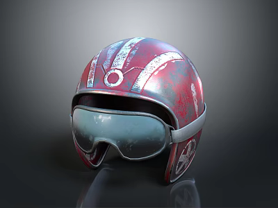 Vintage Red And Silver Helmet With Worn Texture Striped Details And Tinted Visor 3d model