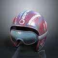 Vintage Red And Silver Helmet With Worn Texture Striped Details And Tinted Visor