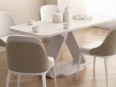 Modern White Dining Table Set With Beige Chairs Vase And Books On Wooden Floor 3d model