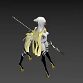 Game Movie Character In White Outfit Yellow Cape Black White Stripes And Spear Design