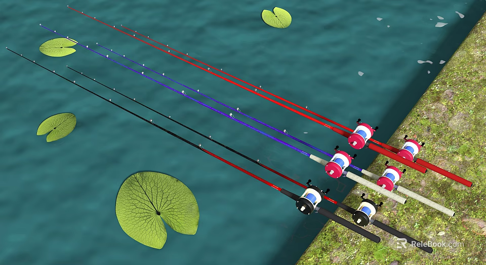 Colorful Fishing Rods With Red Blue Lines And Floats By Water With Lily Pads 3d model 
