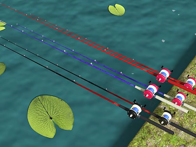 Colorful Fishing Rods With Red Blue Lines And Floats By Water With Lily Pads 3d model