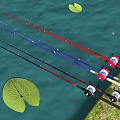 Colorful Fishing Rods With Red Blue Lines And Floats By Water With Lily Pads