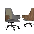 Gray Fabric And Wooden Backrest Office Chair With Wooden Armrests And Black Wheel Base