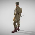 Man in Khaki Military Uniform Wearing Helmet Holding Entrenching Tool and Gear