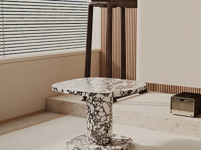 Minimalist Indoor Scene With Black And White Pattern Marble Side Table And Wooden Partition Blinds 3d model