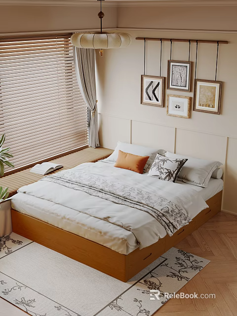 Cozy Double Bed Interior With Wooden Frame Window Blinds Curtains Framed Pictures And Pillows 3d model 