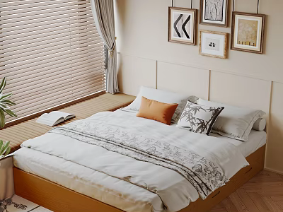 Cozy Double Bed Interior With Wooden Frame Window Blinds Curtains Framed Pictures And Pillows 3d model