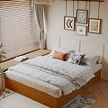 Cozy Double Bed Interior With Wooden Frame Window Blinds Curtains Framed Pictures And Pillows