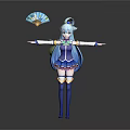 3D Model Anime Style Game Character With Light Blue Hair Blue Dress And Decorative Fan