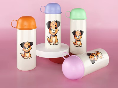 Cute Kids Insulated Water Bottles with Cartoon Puppy Design and Colorful Lids 3d model