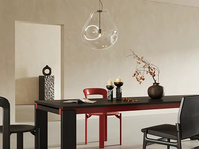 Black Dining Table With Red And Black Chairs Vase Twigs Book And Transparent Pendant Light 3d model