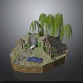 Miniature Garden Scene With Willow Trees Small House Blue Car Bridge And Waterfall
