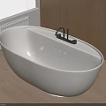 White Oval Shaped Bathtub With Black Faucet And Wooden Cabinets Near Window