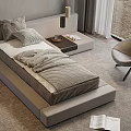 Modern Single Bed With Gray Bedding Minimalist Design Side Chair And Area Rug