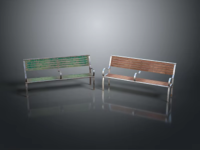 Two Different Benches With Wooden Seats And Metal Frames In Green Brown 3d model