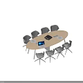 Modern Conference Table And Chair Set With Oval Wooden Top Gray White Seats Laptop Projector