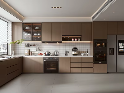 Modern Kitchen Interior With Wooden Cabinets Island Counter And Stainless Steel Appliances 3d model
