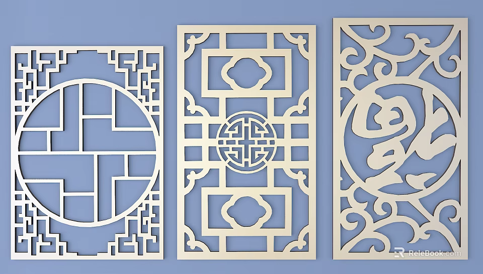 Elegant Traditional White Carved Lattice Windows Featuring Three Distinct Patterns 3d model 