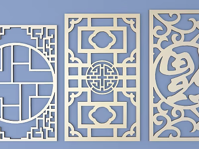 Elegant Traditional White Carved Lattice Windows Featuring Three Distinct Patterns 3d model