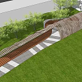 Wooden Pergola With Wavy Striped Design Outdoor Landscaped Path And Trees