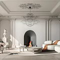 Elegant Living Room Interior With Ceiling Moldings Chandelier Fireplace Armchairs White Sofa And Area Rug