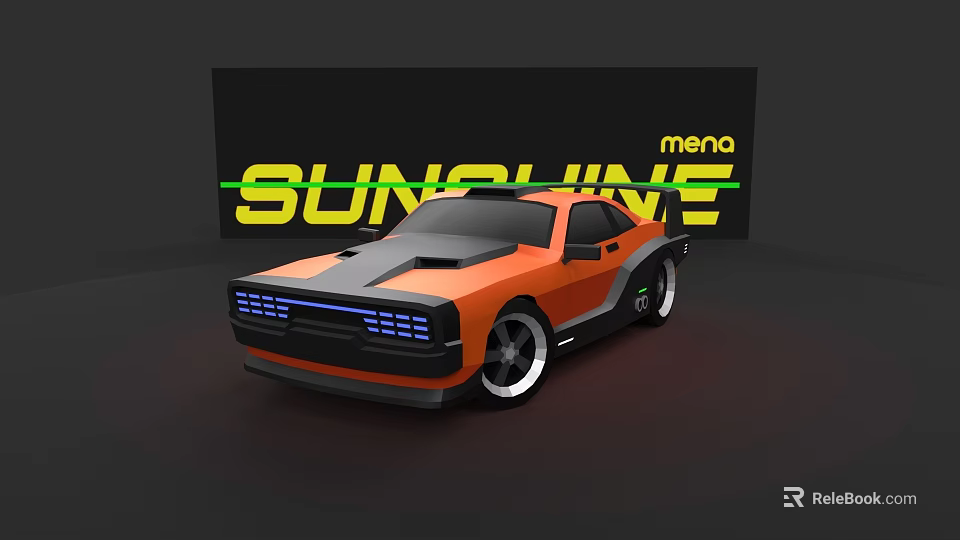 Orange and Black Modern Sports Car With SUNSHINE Neon Sign Background 3d model 
