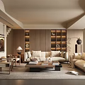 Modern Cozy Living Room Interior Design With Beige Sofa Armchair Wooden Shelves And Coffee Table