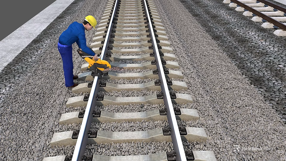 Industrial Railway Track Maintenance Equipment Being Used By Worker On Rail Line 3d model 