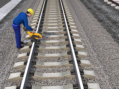Industrial Railway Track Maintenance Equipment Being Used By Worker On Rail Line 3d model