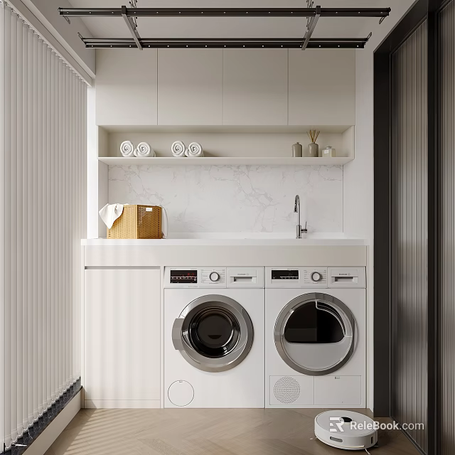 Modern Home Balcony Interior With Washing Machines Storage Cabinets And Marble Countertop 3d model 