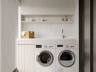 Modern Home Balcony Interior With Washing Machines Storage Cabinets And Marble Countertop 3d model