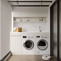 Modern Home Balcony Interior With Washing Machines Storage Cabinets And Marble Countertop