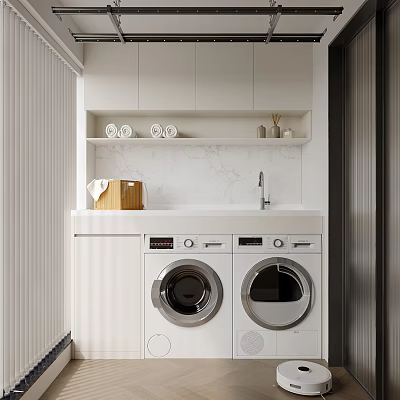 Modern Home Balcony Interior With Washing Machines Storage Cabinets And Marble Countertop 3d model