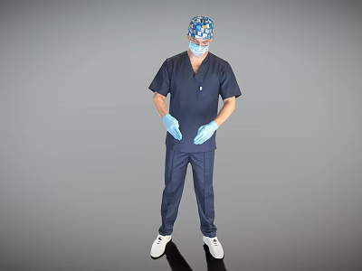 Man In Blue Surgical Scrubs With Gloves And Patterned Cap Standing On Grey Background 3d model