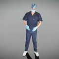 Man In Blue Surgical Scrubs With Gloves And Patterned Cap Standing On Grey Background