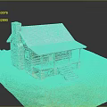 Cartoon Log Cabin Scene With Gray Roof Stone Chimney Wooden Porch Steps And Green Grass