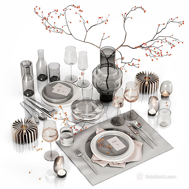 Elegant Modern Tableware Set with Plates Wine Glasses Cutlery Glassware and Decorative Red Branches 3d model 