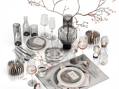Elegant Modern Tableware Set with Plates Wine Glasses Cutlery Glassware and Decorative Red Branches 3d model