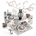 Elegant Modern Tableware Set with Plates Wine Glasses Cutlery Glassware and Decorative Red Branches
