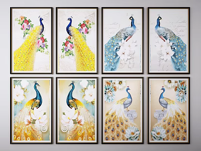 Vibrant Peacock Wall Art Paintings With Floral Accents And Decorative Frames 3d model