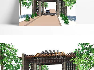 Wooden Entrance Gate with Lattice Design Surrounded by Green Trees and Pathway 3d model