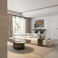 Modern Open Concept Dining Living Room Interior With Sofa Dining Table Fireplace And Pendant Lights