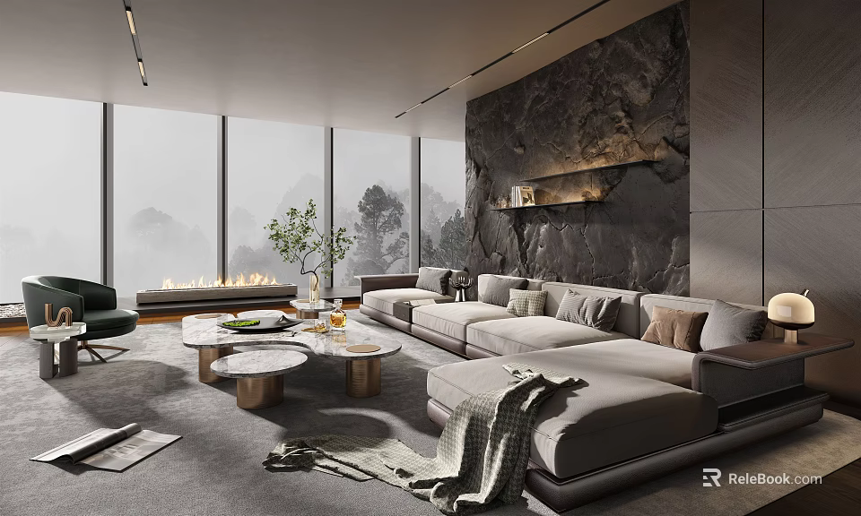Modern Living Room Interior With Large Windows Stone Wall Gray Sofa Coffee Tables And Plant 3d model 